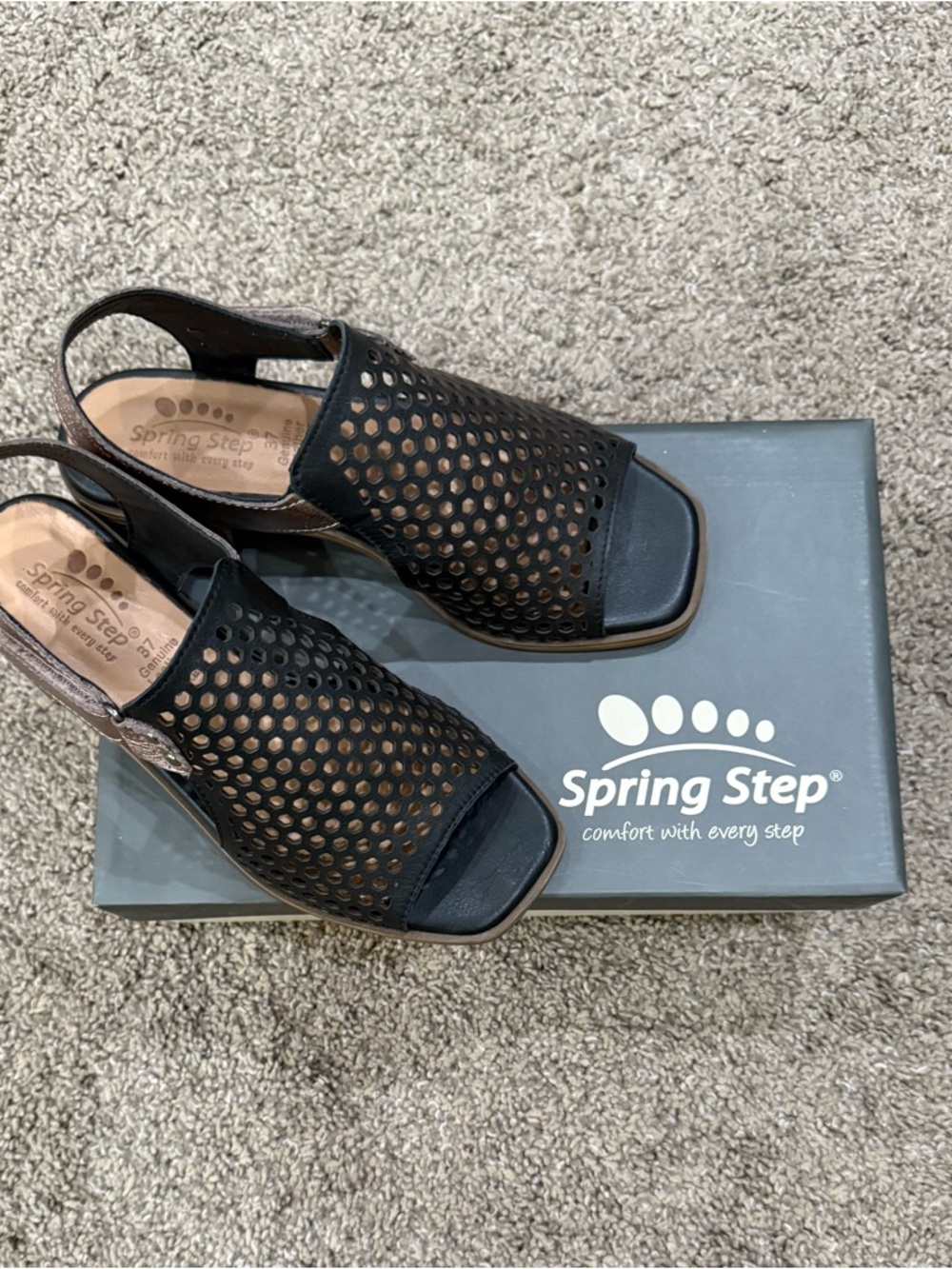 Spring Step Black Perforated Slingback Open-Toe Sandals